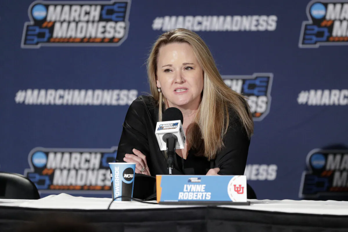 Utah Coach Lynne Roberts speaks during an NCAA Tournament press conference in Spokane, Wash., on March 25, 2024. (Young Kwak/AP Photo)