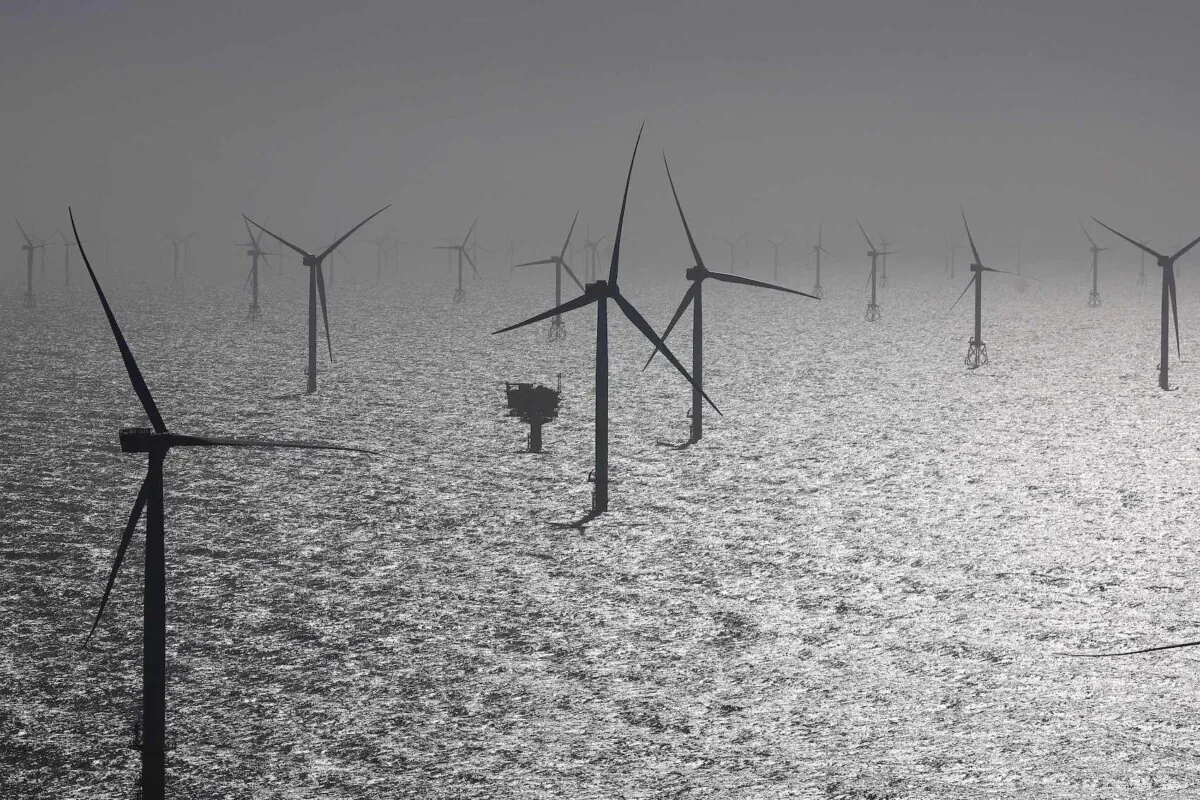 Wind turbines are pictured during the installation of the RWE Offshore Wind farm Kaskasi off the coast of the north German Island of Helgoland on March 23, 2023. (Christian Charisius/AFP via Getty Images)