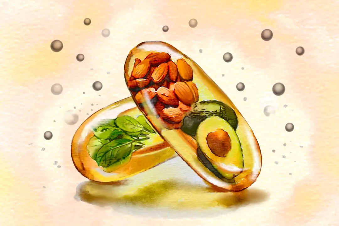 Vitamin E is a fat-soluble vitamin obtained from foods like avocado, nuts, seeds, and leafy green vegetables. (Illustration by The Epoch Times)
