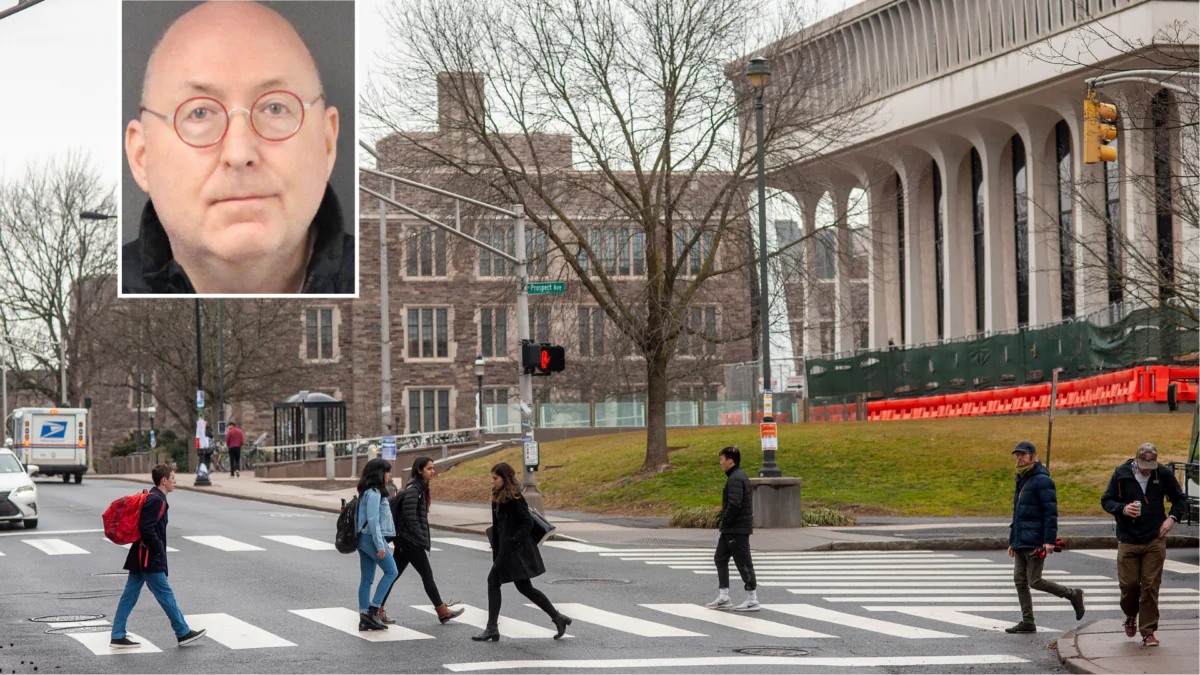 (Top) Roy "Trey" Farmer (Mercer County Prosecutor's Office) (Bottom) Students walk on campus at Princeton University in New Jersey on Feb. 4, 2020. (Thomas Cain/Getty Images)