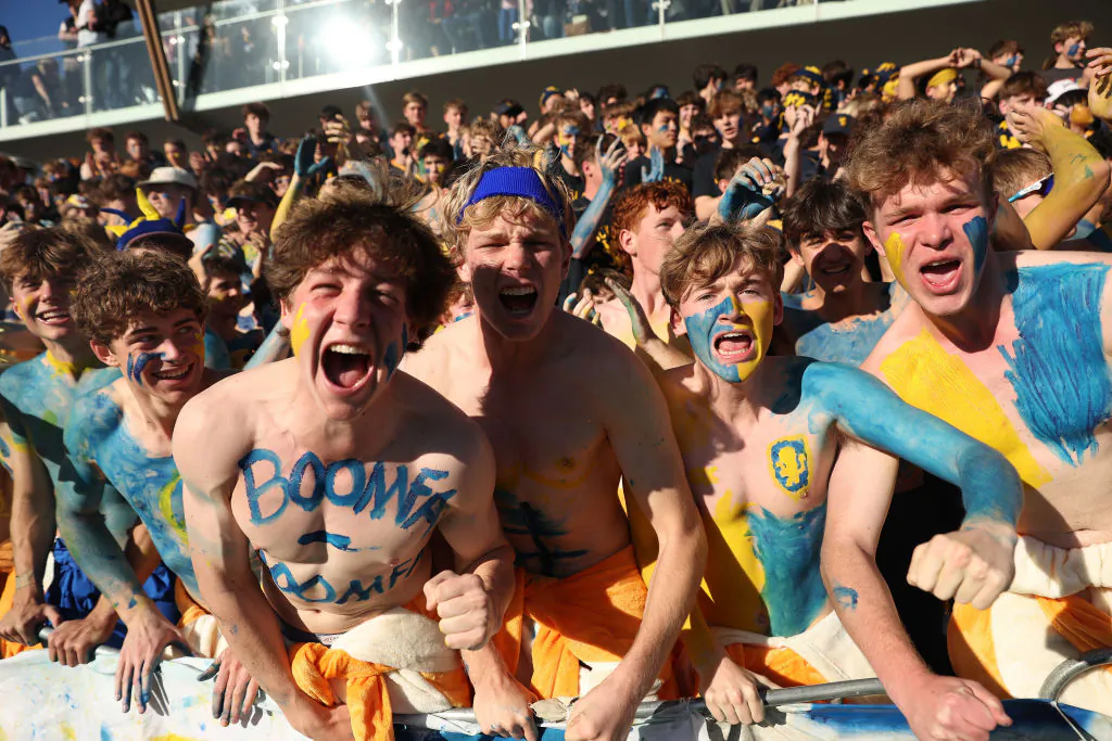 Auckland Grammar students show their support during the First XV match between Auckland Grammar School and Kings College at Auckland Grammar on June 10, 2023 in Auckland, New Zealand. (Phil Walter/Getty Images)