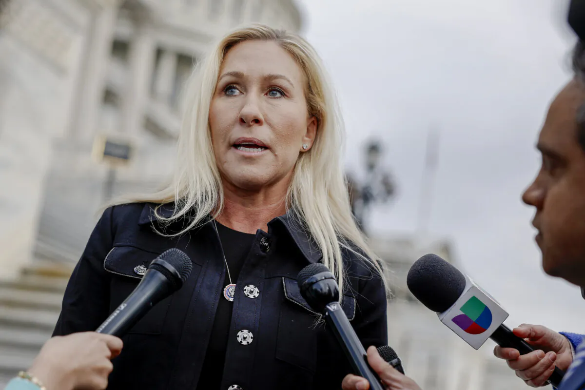 Rep. Marjorie Taylor Greene (R-Ga.) speaks to reporters outside the U.S. Capitol Building during a vote on legislation pertaining to TikTok in Washington on March 13, 2024. (Anna Moneymaker/Getty Images)