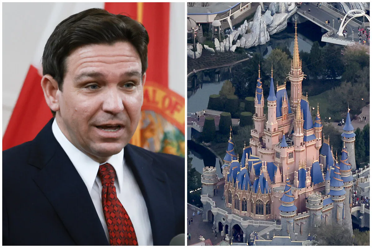 (Left) Florida Gov. Ron DeSantis speaks during a news conference in Miami Beach, Fla., on Feb. 5, 2024. (Right) Walt Disney World's iconic Cinderella Castle sits on the grounds of the theme park in Orlando, Fla., on Feb. 8, 2023. (Joe Raedle/Getty Images)