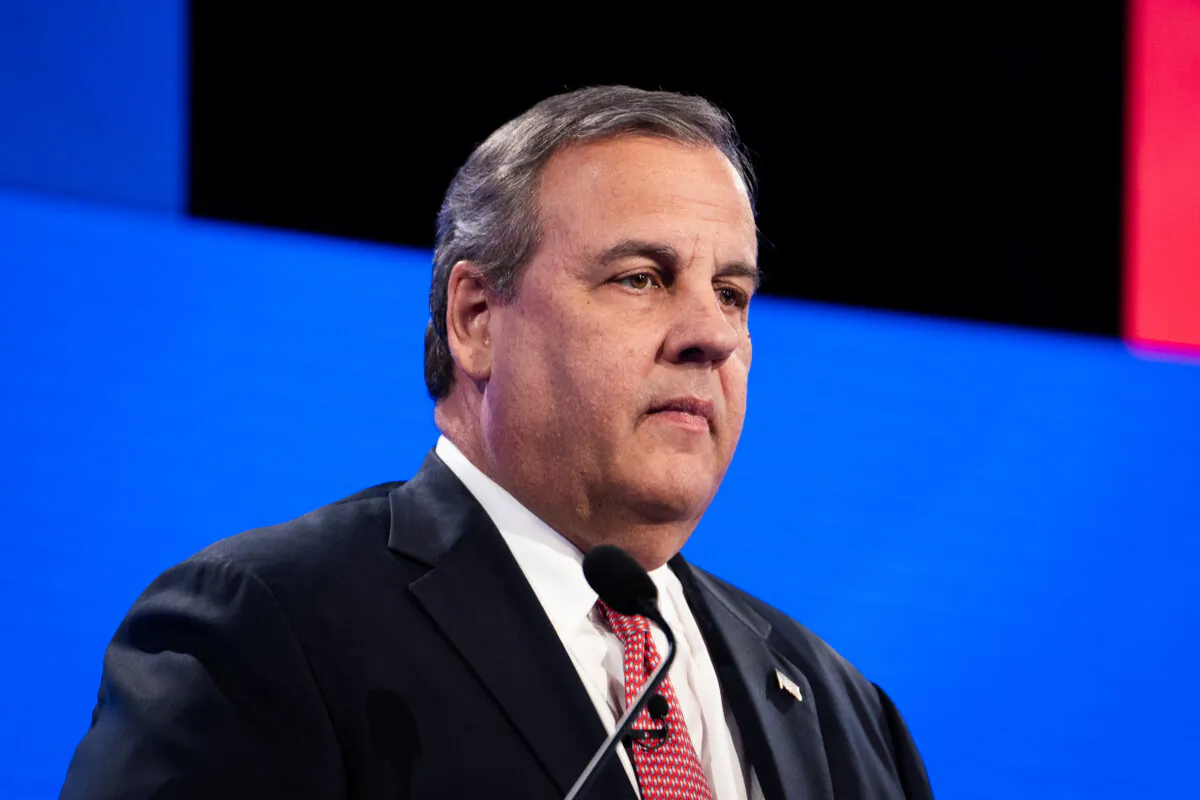 Republican presidential candidate and former New Jersey Gov. Chris Christie participates in the fourth GOP presidential primary debate at the University of Alabama in Tuscaloosa, Ala., on Dec. 6, 2023. (Madalina Vasiliu/The Epoch Times)