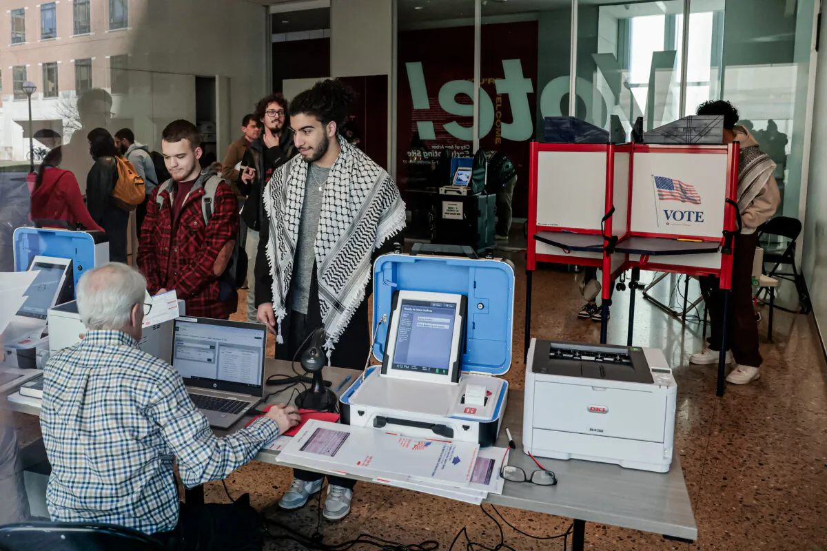 People cast their ballots during early voting on the campus of the University of Michigan in Ann Arbor, Mich., on Feb. 20, 2024. (Jeff Kowalsky/AFP via Getty Images)