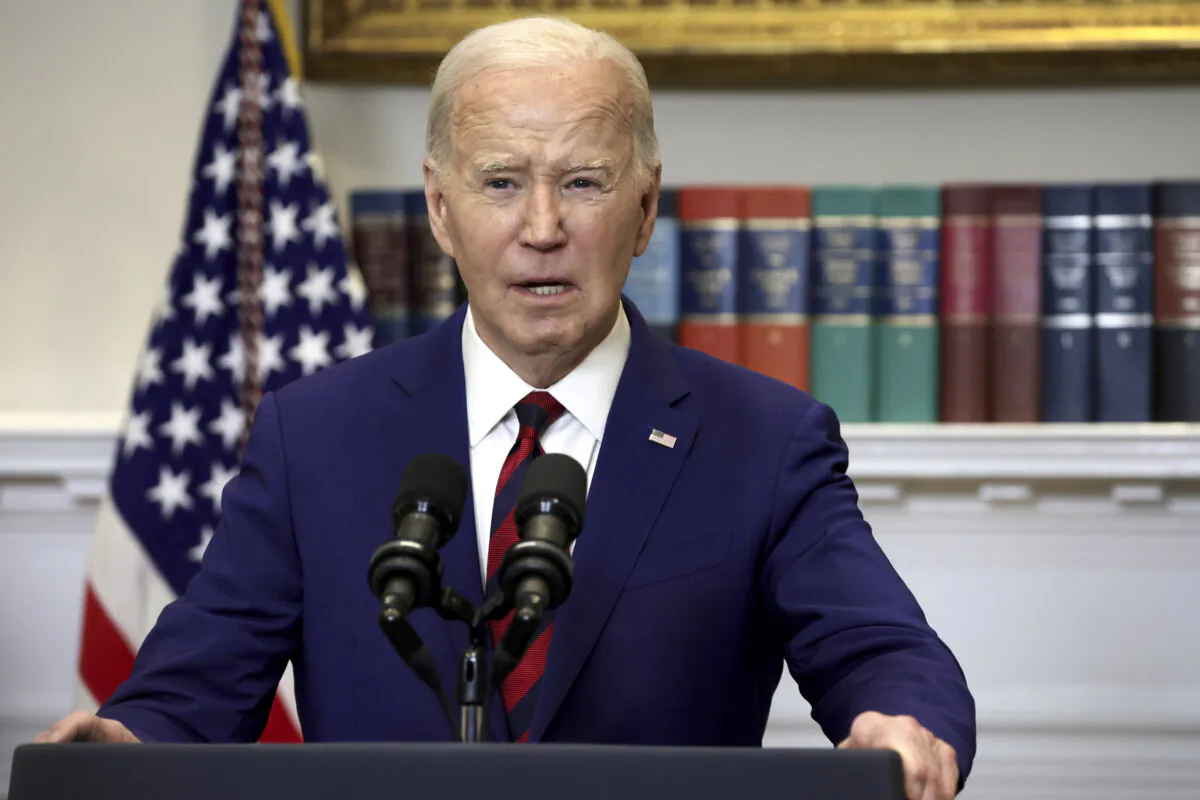 President Joe Biden delivers remarks on the collapse of the Francis Scott Key Bridge in Baltimore in the Roosevelt Room of the White House on March 26, 2024. (Alex Wong/Getty Images)