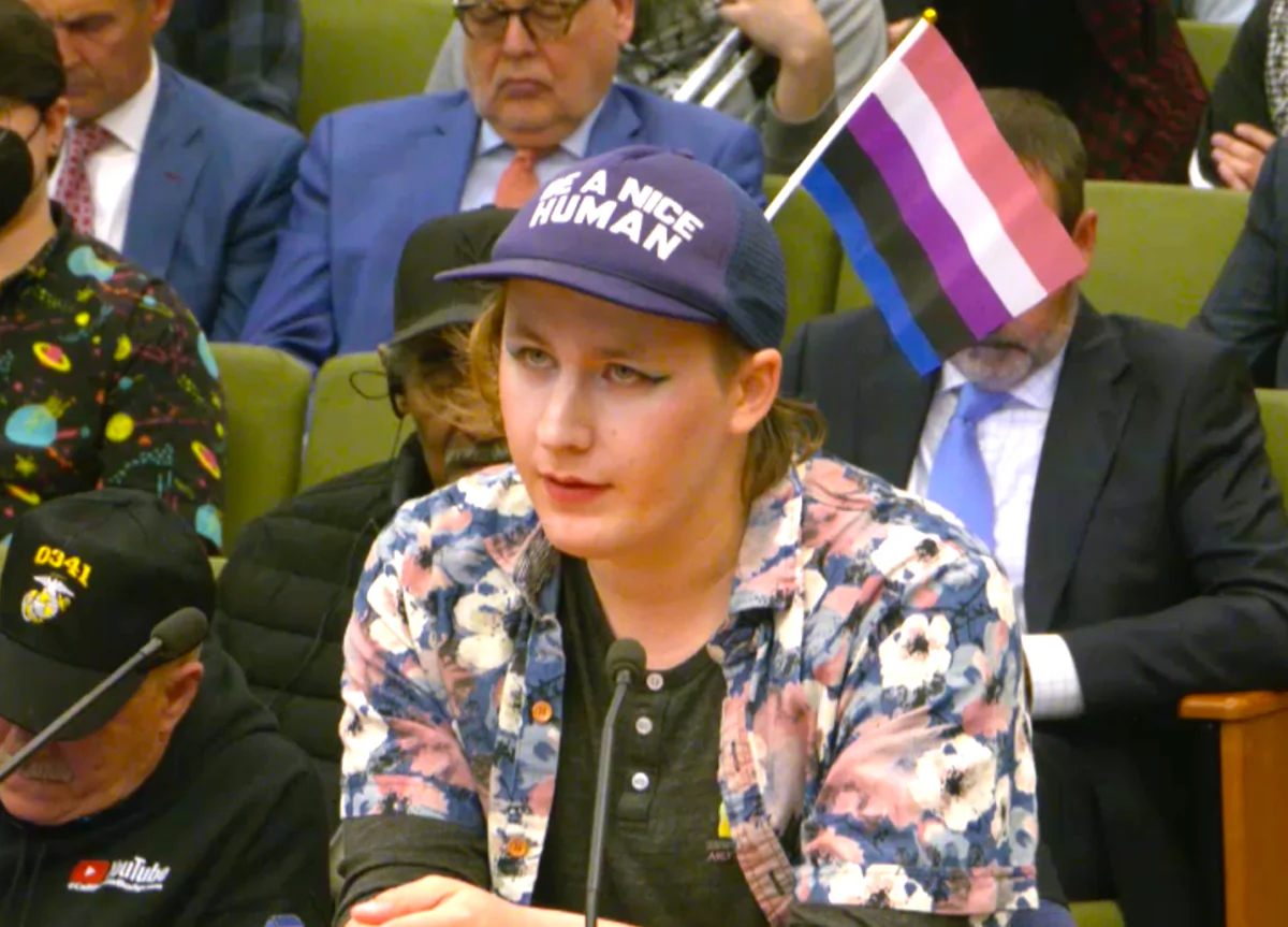 A transgender activist speaks in support of Sacramento’s trans sanctuary city resolution at City Hall on March 26, 2024. (Sacramento City Council/Screenshot via The Epoch Times)