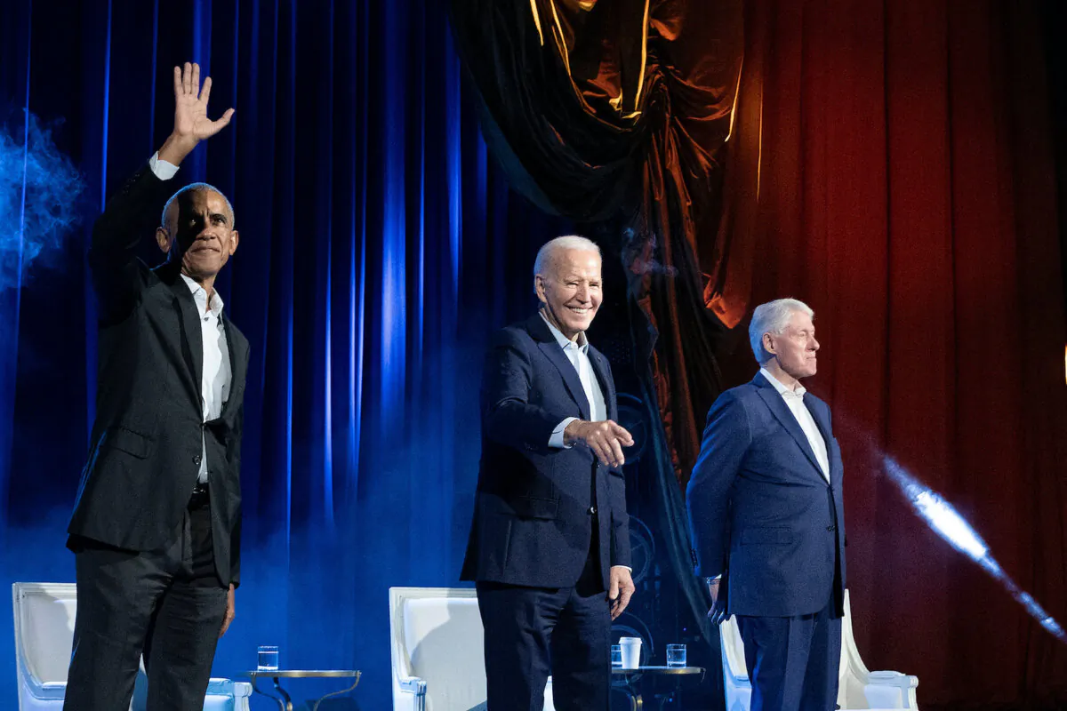Former U.S. President Barack Obama, U.S. President Joe Biden, and former U.S. President Bill Clinton attend a campaign fundraising event at Radio City Music Hall in New York City on March 28, 2024. (Brendan Smialowski/AFP via Getty Images)