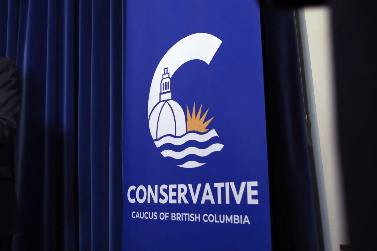 A sign displaying the B.C. Conservative Party logo in Victoria on Dec. 6, 2023. (The Canadian Press/Chad Hipolito)