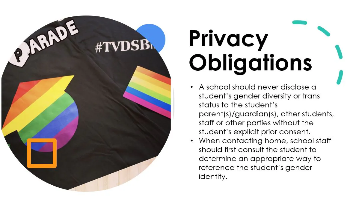 A slide from a 2018 PowerPoint presentation by the Thames Valley District School Board instructing school administrators to not notify parents of students' "gender diversity" status without the student's consent. 