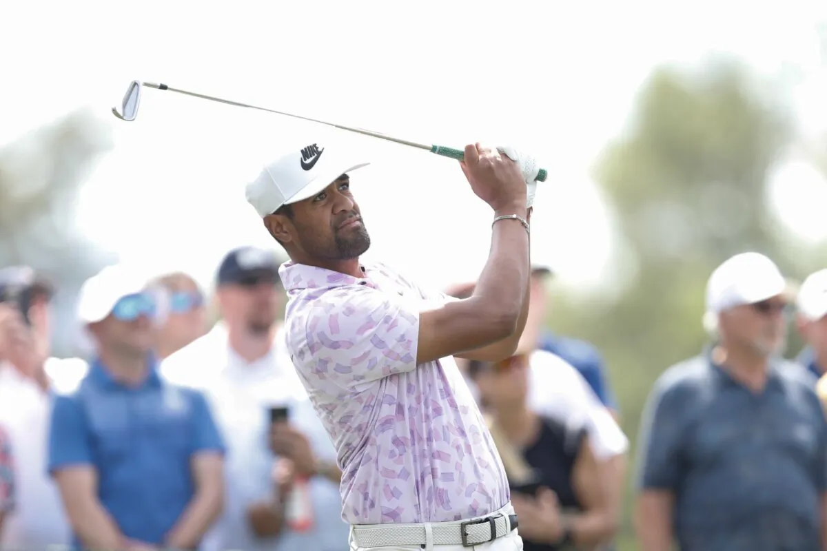 Tony Finau of the United States hits a tee shot on the ninth hole during the first round of the Texas Children's Houston Open in Houston on March 28, 2024. (Raj Mehta/Getty Images)