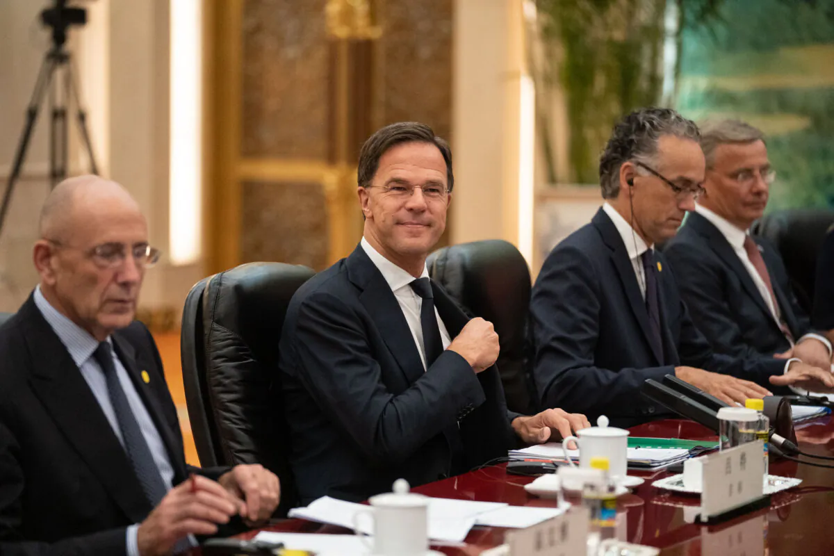 Prime Minister of the Netherlands Mark Rutte (C) attends a meeting with China's Premier Li Keqiang (not pictured) at the Great Hall of the People on June 27, 2019 in Beijing, China. (Dufour-Pool/Getty Images)