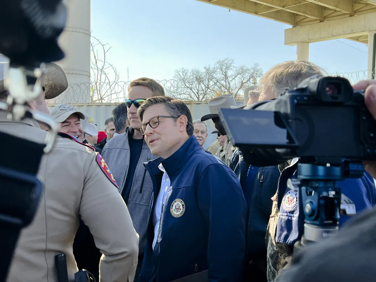 House Speaker Mike Johnson (R-La.) at a briefing with Texas Department of Public Safety in Shelby Park on the U.S.-Mexico border in Eagle Pass, Texas, on Jan. 3, 2024. (Charlotte Cuthbertson/The Epoch Times)