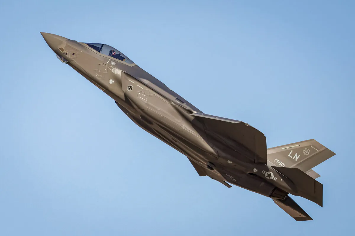 A U.S. Air Force Lockheed Martin F-35A Lightning II all-weather stealth multirole combat aircraft flies over during the 2023 Dubai Airshow on Nov. 13, 2023. (Giuseppe Cacace/AFP via Getty Images)