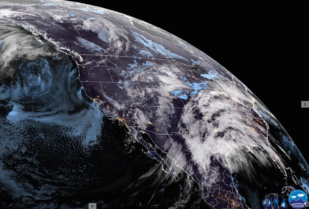 NOAA Satellite imagery of an early April storm moving across the United States in the early hours of April. 1, 2024. (Screenshot via The Epoch Times/CIRA/RAMMB)