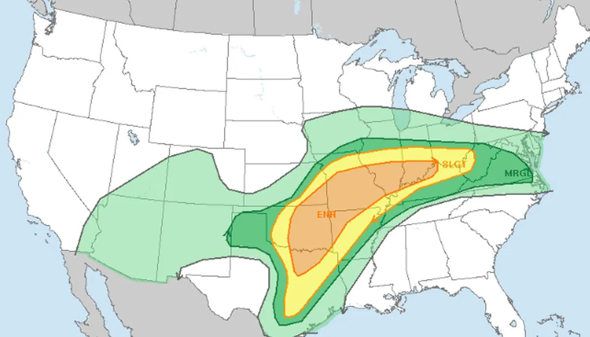 Severe thunderstorms are expected on Monday, April 1, 2024, into the evening, across a broad swath from the southern Plains to the lower Missouri and Ohio Valley regions. (National Weather Service via The Epoch Times)