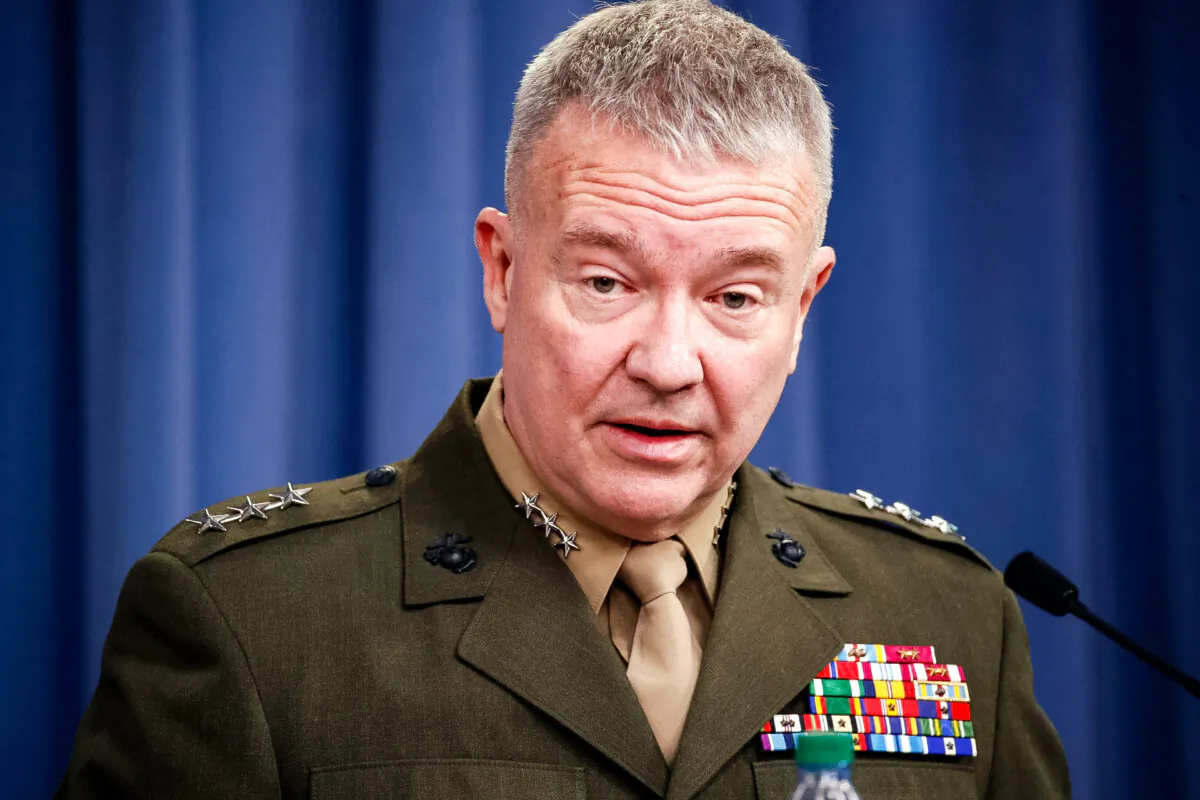 Then-Marine Lt. Gen. Frank McKenzie speaks to reporters at the Pentagon in Arlington, Va., on April 14, 2018. (Alex Brandon/File/AP Photo)