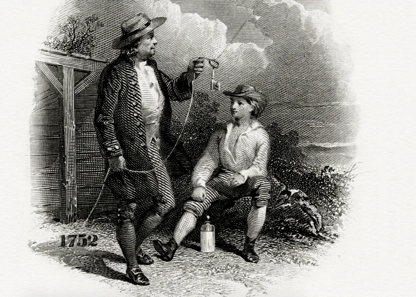 “Franklin and Electricity,” circa 1860, by Alfred Jones, for the Bureau of Engraving and Printing. (Public Domain) 