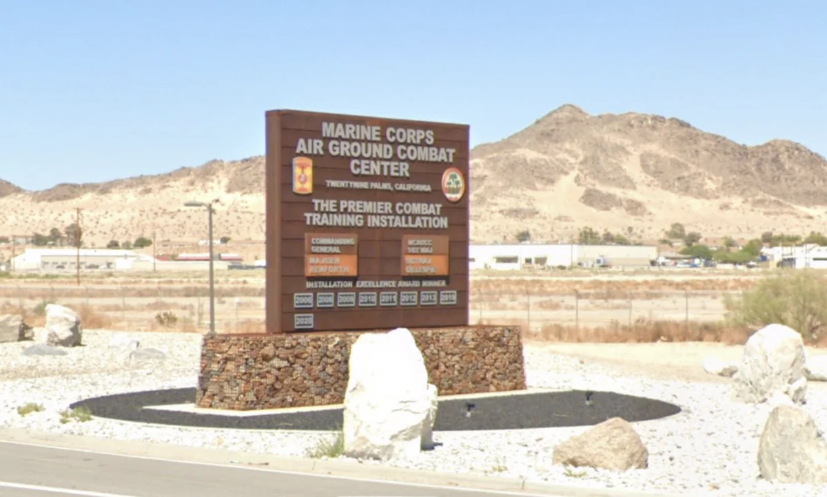A sign at the entrance to the Marine Corps Air Ground Combat Center in August 2021. (Google Maps/Screenshot via The Epoch Times)