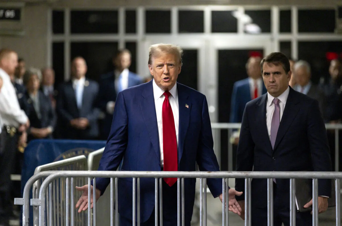 Former President Donald Trump speaks to the press at Manhattan Criminal Court in New York City on April 30, 2024. (Justin Lane/AFP)