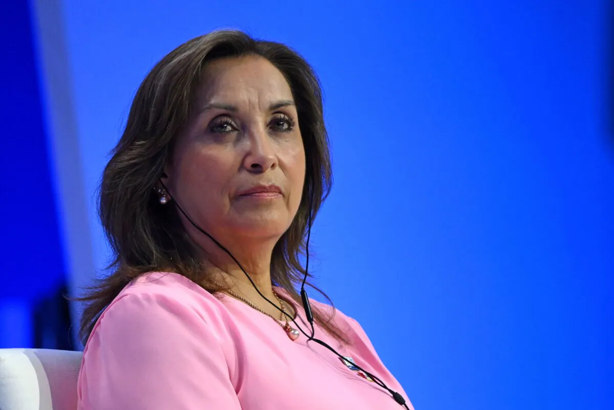 Peru's President Dina Boluarte looks on during Summit Address and Invitation to APEC Peru 2024 at the Asia-Pacific Economic Cooperation (APEC) Leaders' Week in San Francisco, Calif., on Nov. 15, 2023. (Andrew Caballero/AFP via Getty Images)