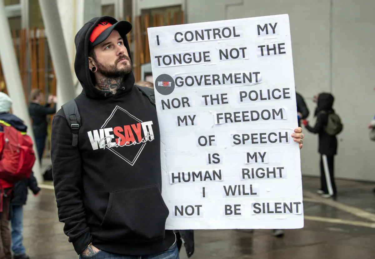 Campaigners gather outside the Scottish Parliament at Holyrood in Edinburgh, to mark the introduction of the Hate Crime and Public Order (Scotland) Act, on April 1, 2024. (Lesley Martin/PA Wire)