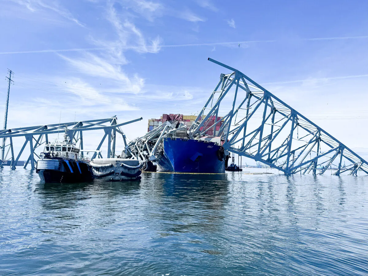 The fallen Francis Scott Key Bridge is pictured in Baltimore, Md., on March 31, 2024. (Mike Pesoli/AP Photos)