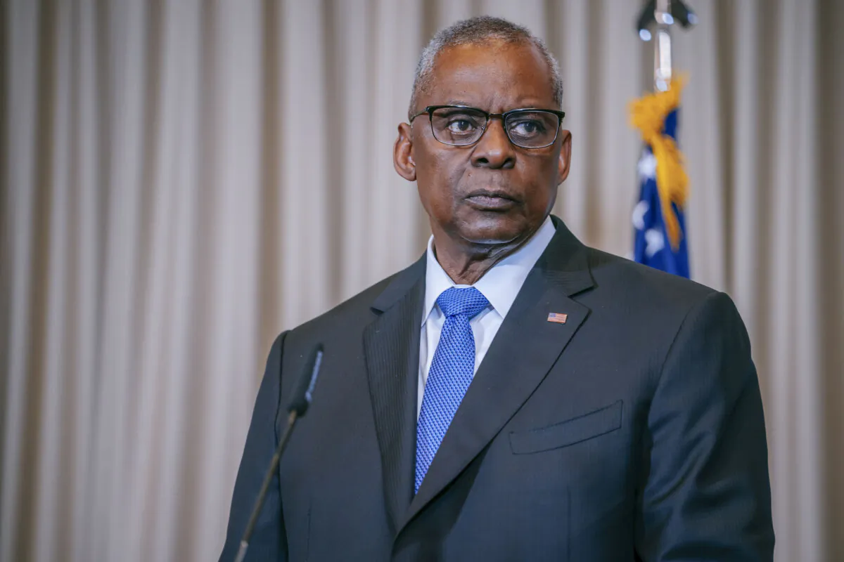 U.S. Defense Secretary Lloyd Austin talks to the media at the seventh gathering of the Ukraine Defence Contact Group at Ramstein air base in Ramstein-Miesenbach, Germany, on March 19, 2024. (Thomas Niedermueller/Getty Images)