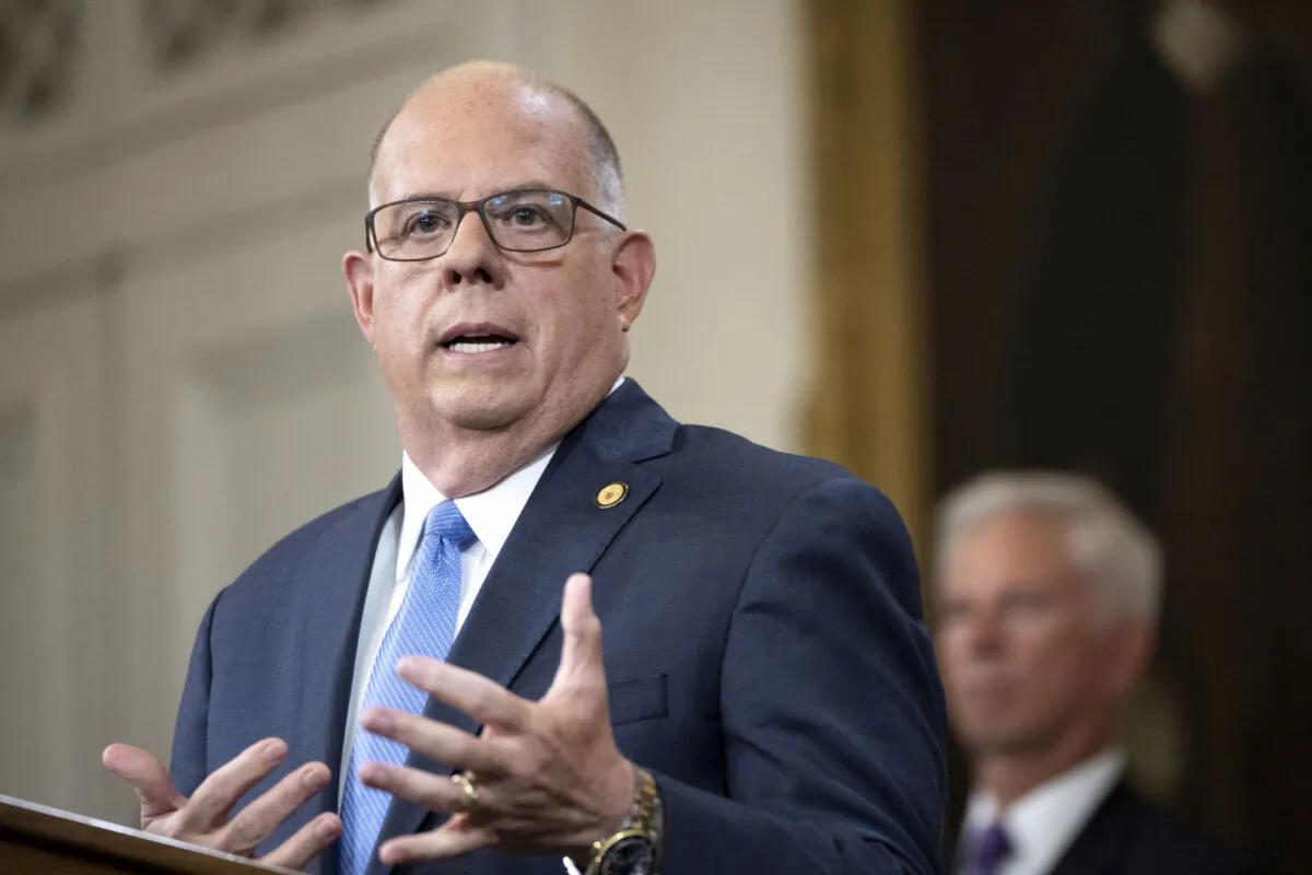 Maryland Governor Larry Hogan holds a news conference on the state's Covid-19 situation, at the Maryland State Capitol in Annapolis, Md., on Aug. 5, 2021. (Drew Angerer/Getty Images)