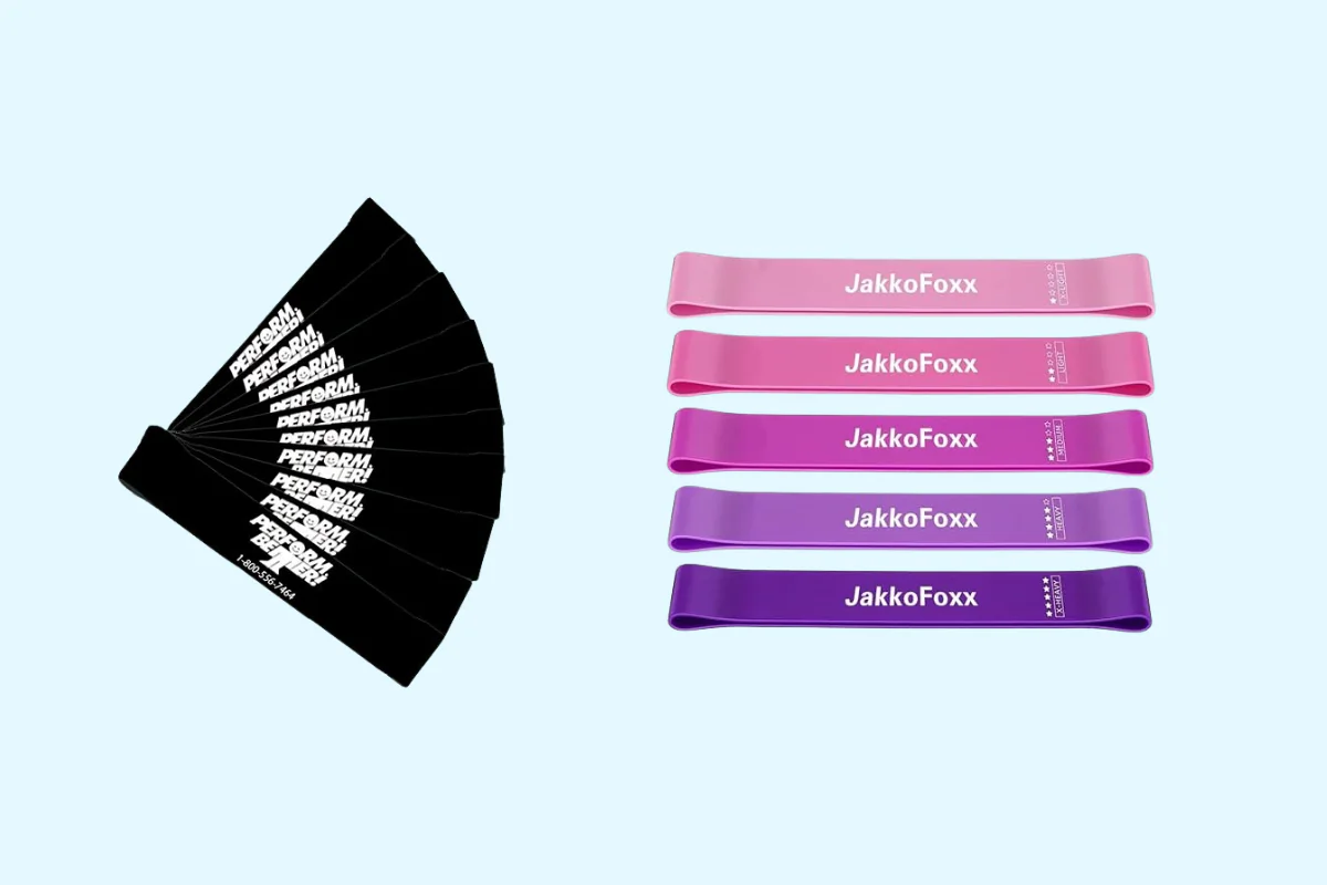 (Left) Perform Better Professional Light Exercise Mini Resistance Band (Right) Jakkofoxx Resistance Loop Exercise Bands (Illustration by The Epoch Times, Amazon)