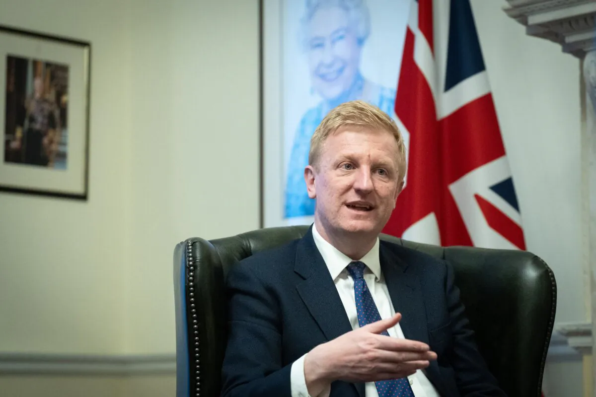 Chancellor of the Duchy of Lancaster and Deputy Prime Minister Oliver Dowden speaking in Whitehall after a statement to Parliament that Beijing is behind a wave of state-backed interference, in London on March 25, 2024. (Stefan Rousseau/PA Wire)