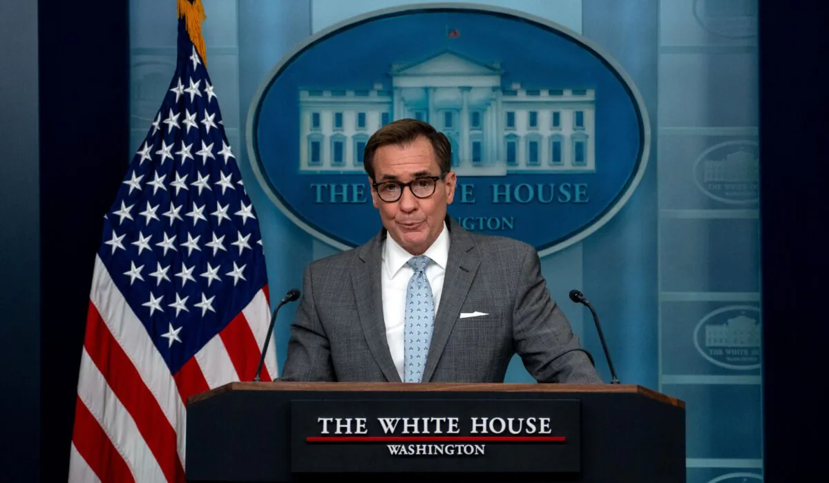 White House national security communications adviser John Kirby takes questions during the daily news briefing at the White House on April 2, 2024. (Kent Nishimura/Getty Images)