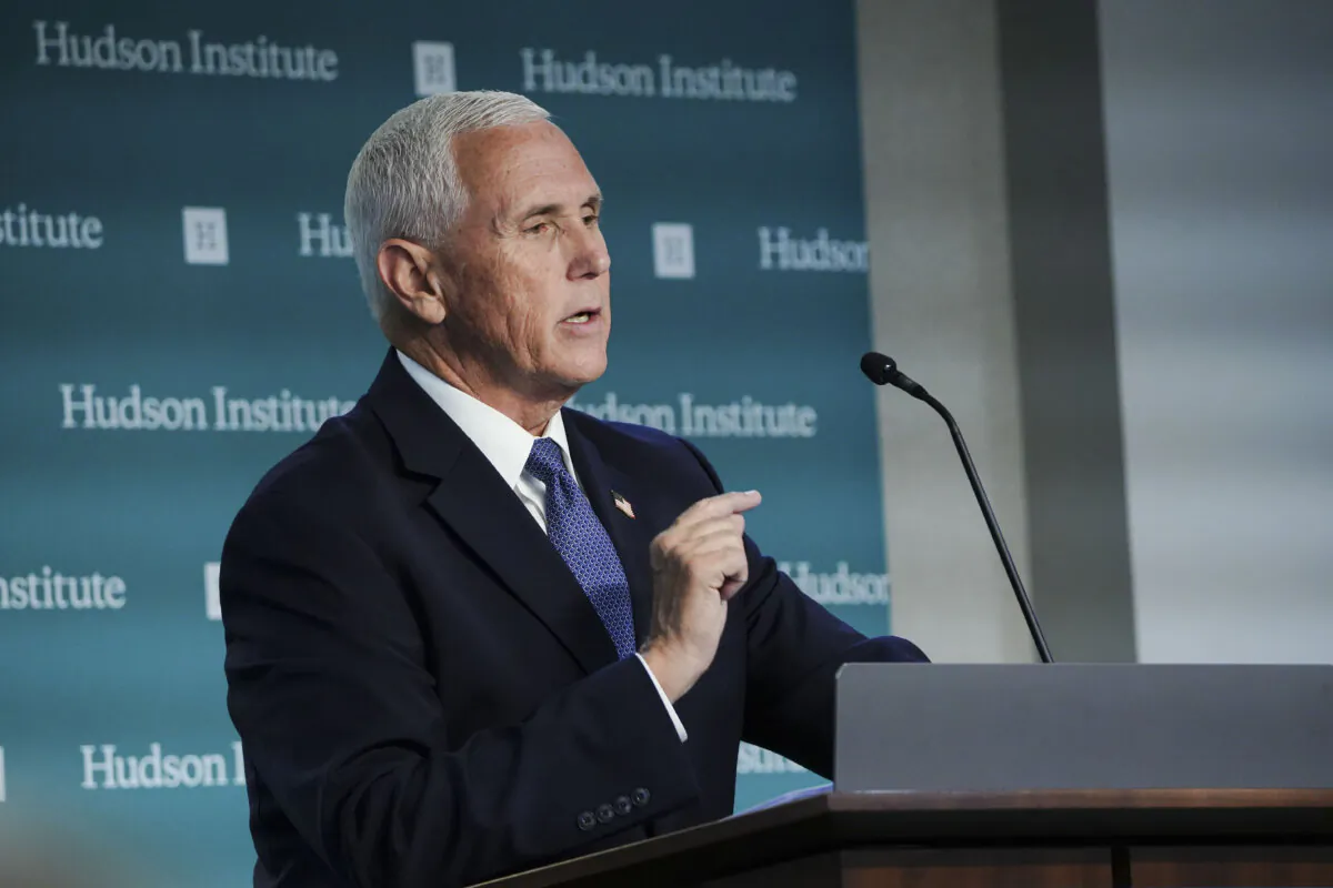 Former Vice President Mike Pence speaks about foreign policy at the Hudson Institute in Washington, on Sept. 18, 2023. (Madalina Vasiliu/The Epoch Times)