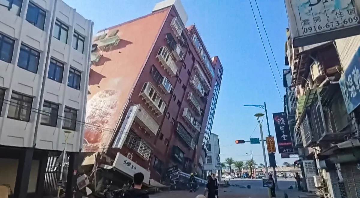 A collapsed building after an earthquake struck Hualien City, Taiwan, on April 3, 2024, in a still from a video. (TVBS via AP/Screenshot via NTD)