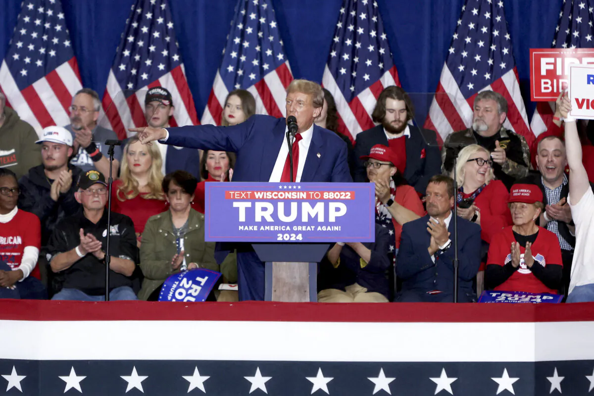 Former President and 2024 presidential hopeful Donald Trump speaks during a campaign rally at the Hyatt Regency in Green Bay, Wis., on April 2, 2024. (Alex Wroblewski/AFP via Getty Images)