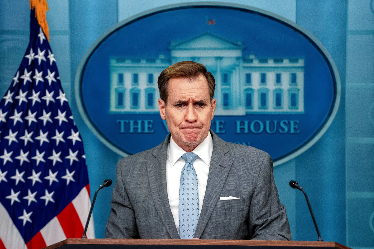White House national security communications adviser John Kirby takes questions during the daily press briefing at the White House on April 2, 2024. (Kent Nishimura/Getty Images)
