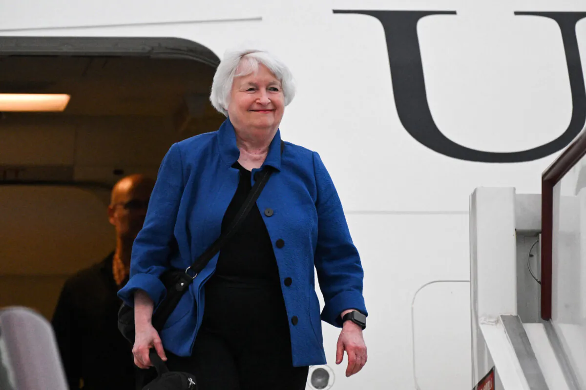 U.S. Treasury Secretary Janet Yellen disembarks from a plane upon her arrival at the Baiyun International Airport in southern China's city of Guangzhou on April 4, 2024. (Pedro Pardo/AFP via Getty Images)