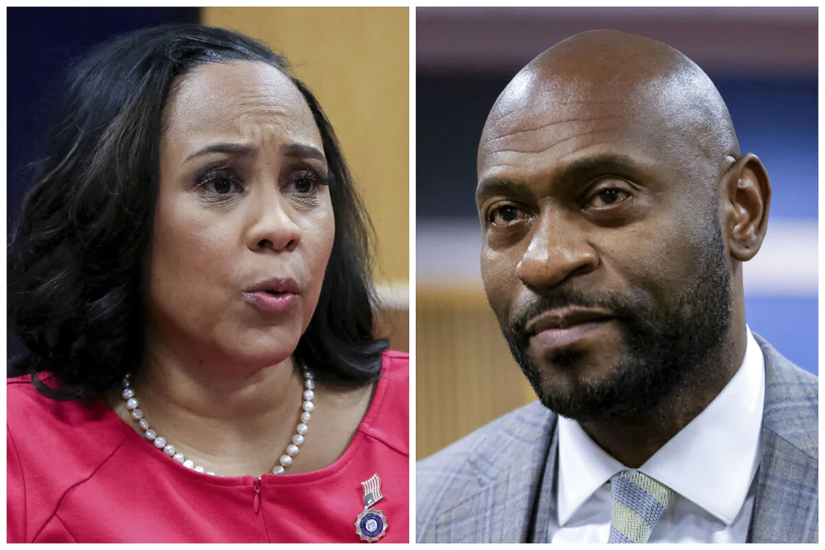 (Left) Fulton County district attorney Fanni Willis testifies during a hearing into 'misconduct' allegations against her at the Fulton County Courthouse in Atlanta on Feb. 15, 2024. (Right) Fulton County Special Prosecutor Nathan Wade looks on during a hearing in the case of the State of Georgia v. Donald John Trump at the Fulton County Courthouse in Atlanta on Feb. 15, 2024. (Alyssa Pointer/Pool via Getty Images)