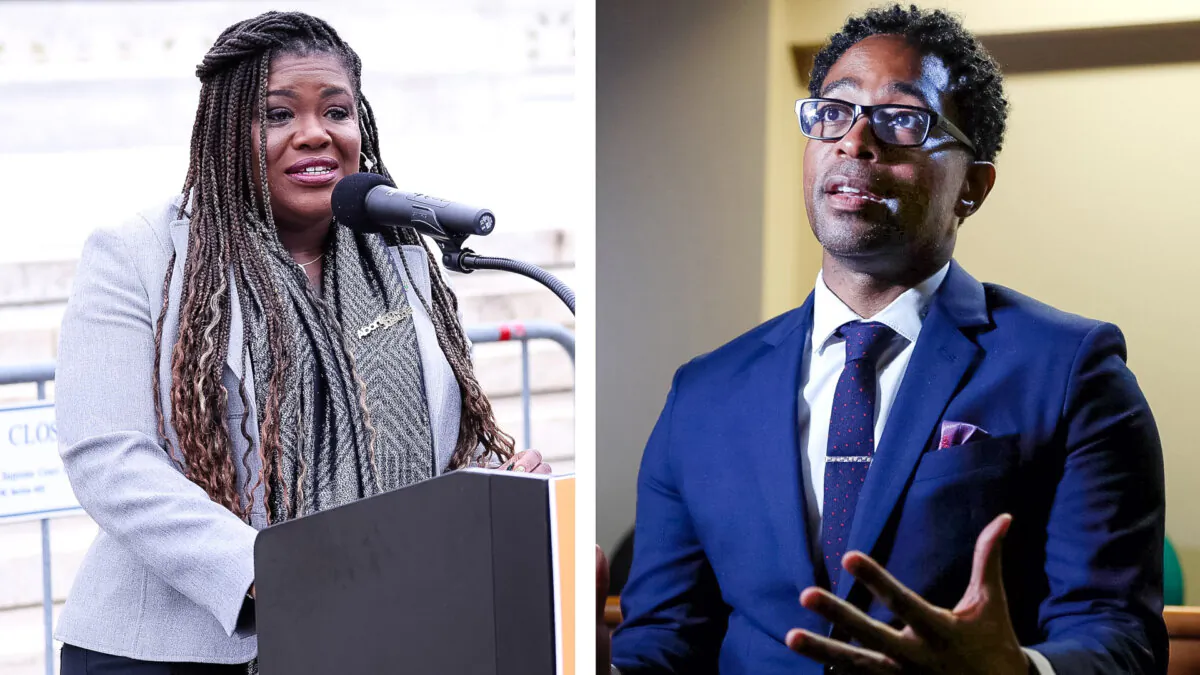 (Left) Rep. Cori Bush (D-Mo.) speaks at the U.S. Supreme Court in Washington on June 22, 2023. (Paul Morigi/Getty Images for Just Majority); (Right) St. Louis County Prosecutor Wesley Bell speaks during an interview in Clayton, Miss., on July 29, 2019. (Jeff Roberson/AP Photo)