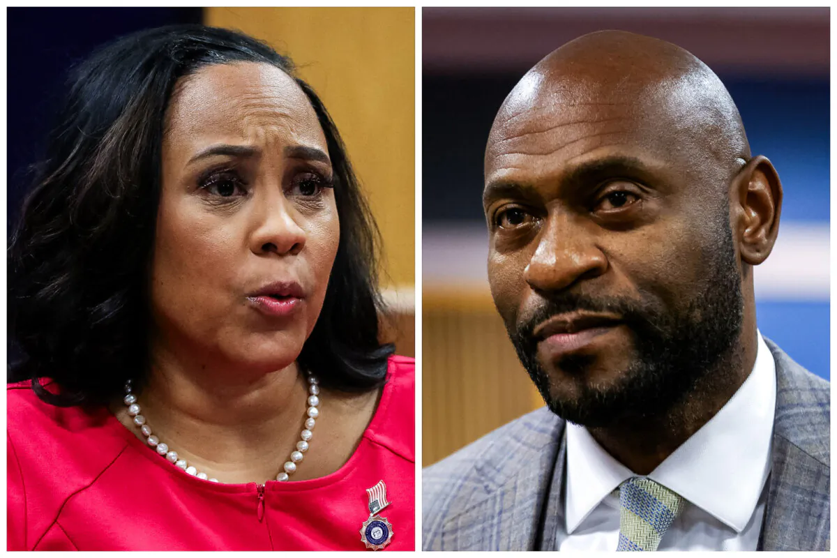 (Left) Fulton County district attorney Fanni Willis testifies during a hearing into 'misconduct' allegations against her at the Fulton County Courthouse in Atlanta, on Feb. 15, 2024. (Right) Fulton County's special prosecutor Nathan Wade looks on during a hearing in the case of the State of Georgia v. Donald John Trump at the Fulton County Courthouse in Atlanta, on Feb. 15, 2024. (Alyssa Pointer/Getty Images)