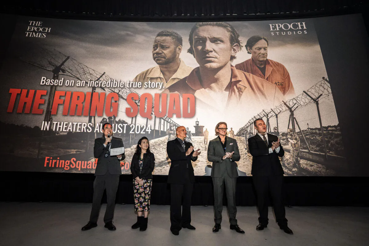 Director Tim Chey, casting director Susan Chey, actor Jonathan Nagy, actor James Barrington, and actor Tupua Ainu'u at "The Firing Squad" red carpet screening at AMC Theaters in New York City on March 30, 2024. (Samira Bouaou/The Epoch Times)