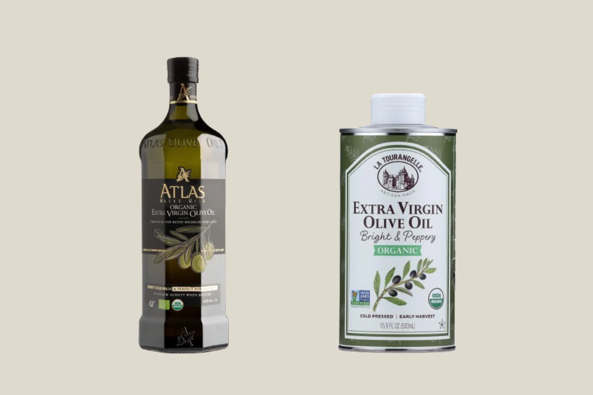 (Left) Atlas Cold Press Extra Virgin Olive Oil (Right) La Tourangelle Organic Extra Virgin Olive Oil   (Illustration by The Epoch Times, Amazon)