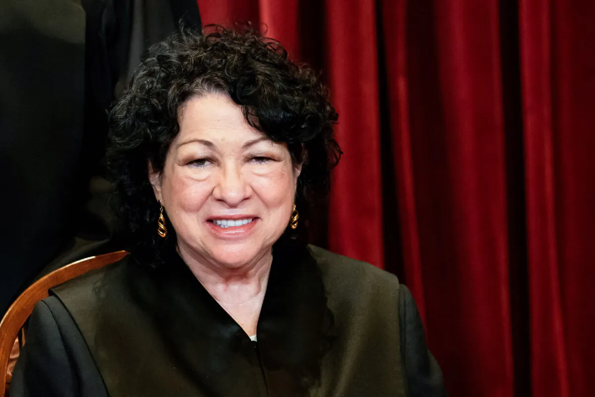 Associate Justice Sonia Sotomayor poses during a group photo of the Justices at the Supreme Court in Washington, on April 23, 2021. (Erin Schaff/Pool via Reuters)
