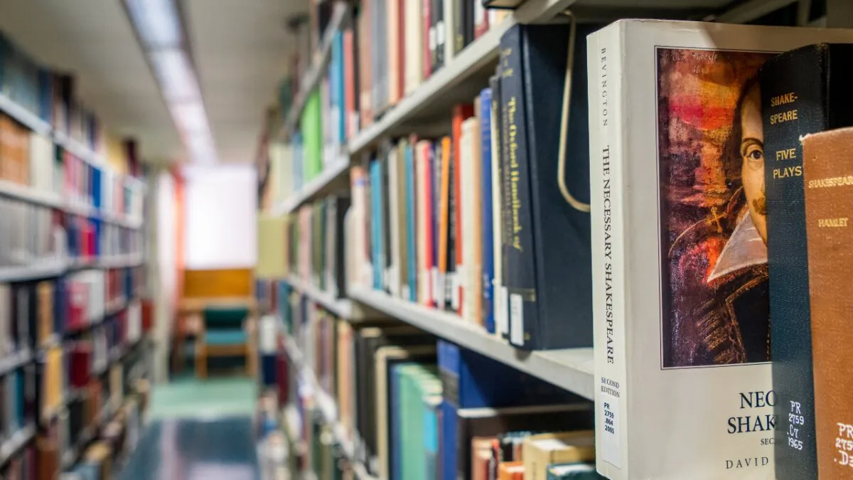 Books line the shelves at the Rice University Library in Houston, Texas, on April 26, 2022. (Brandon Bell/Getty Images)