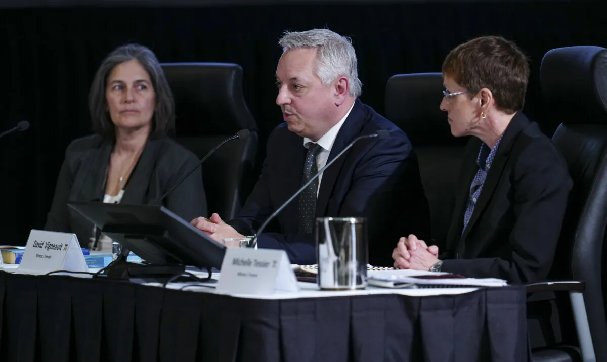 CSIS former officials Cherie Henderson (L), David Vigneault, and Michelle Tessier testify at Public Inquiry Into Foreign Interference in Federal Electoral Processes and Democratic Institutions in Ottawa on April 4, 2024. (Sean Kilpatrick/The Canadian Press)