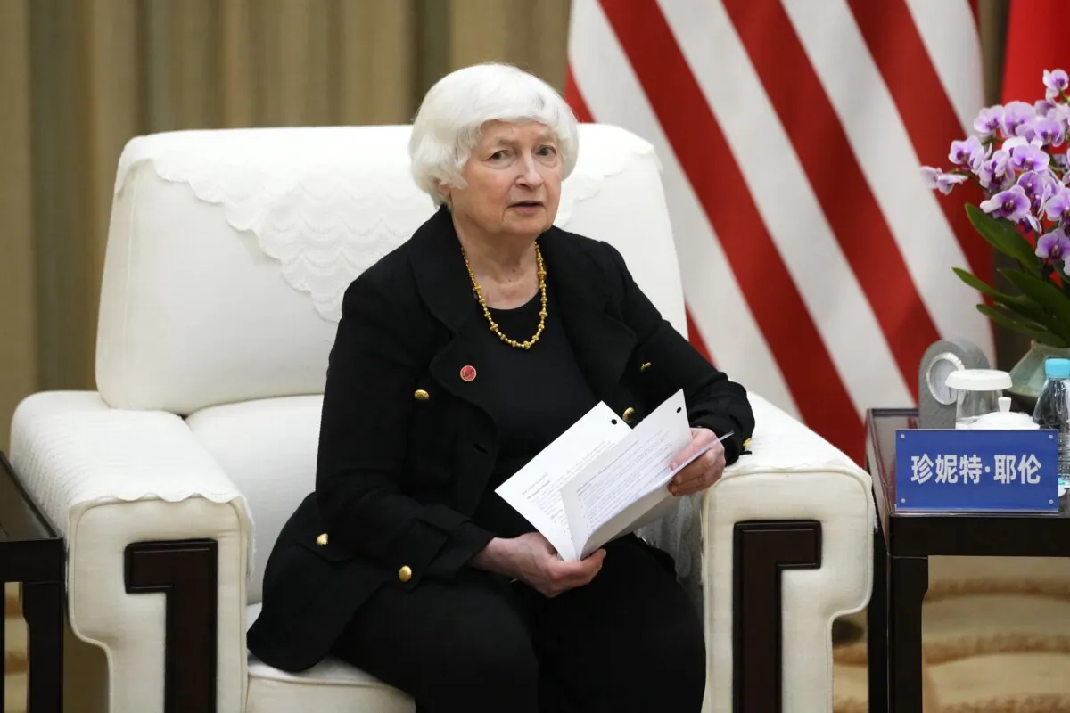 U.S. Treasury Secretary Janet Yellen looks on prior to a meeting with Chinese Vice Premier He Lifeng in Guangzhou, China, on April 6, 2024. (Ken Ishii/Pool via Getty Images)