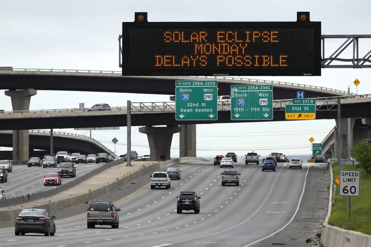 Motorists traveling toward Austin, Texas are reminded of Monday's eclipse and the possibility of traffic delays in Austin, Texas, on April 6, 2024. (Charles Rex Arbogast/AP Photo)