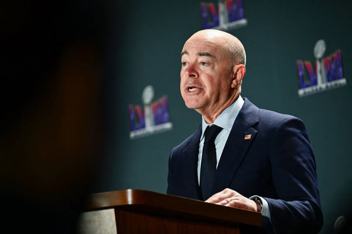 Homeland Security Secretary Alejandro Mayorkas speaks about security during a news conference ahead of Super Bowl LVIII at Allegiant Stadium in Las Vegas on Feb. 7, 2024. (Patrick T. Fallon/AFP via Getty Images)