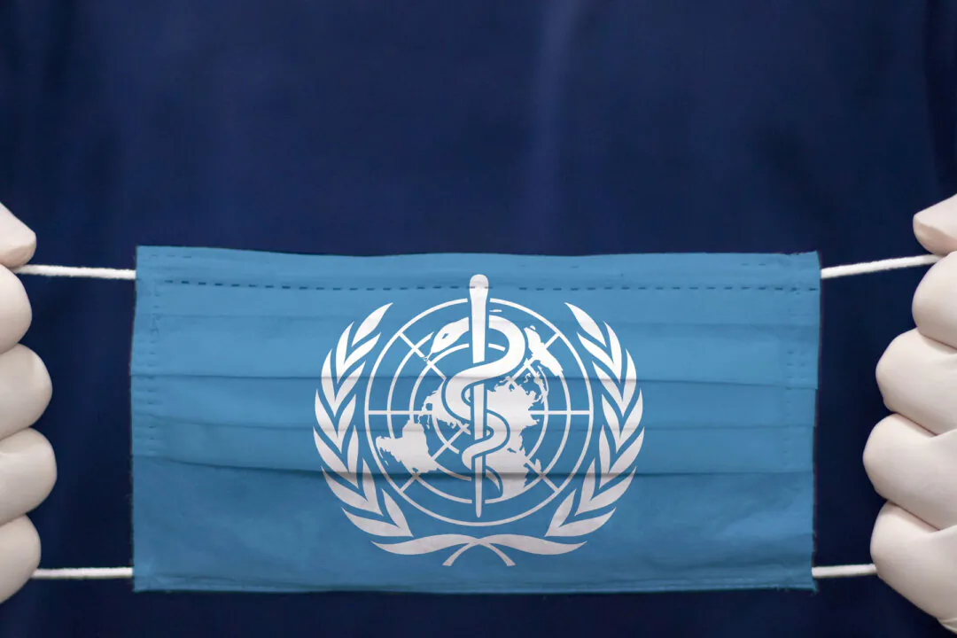 A doctor holds a medical face mask with the World Health Organization's flag. (kcube-Baytur/Shutterstock)