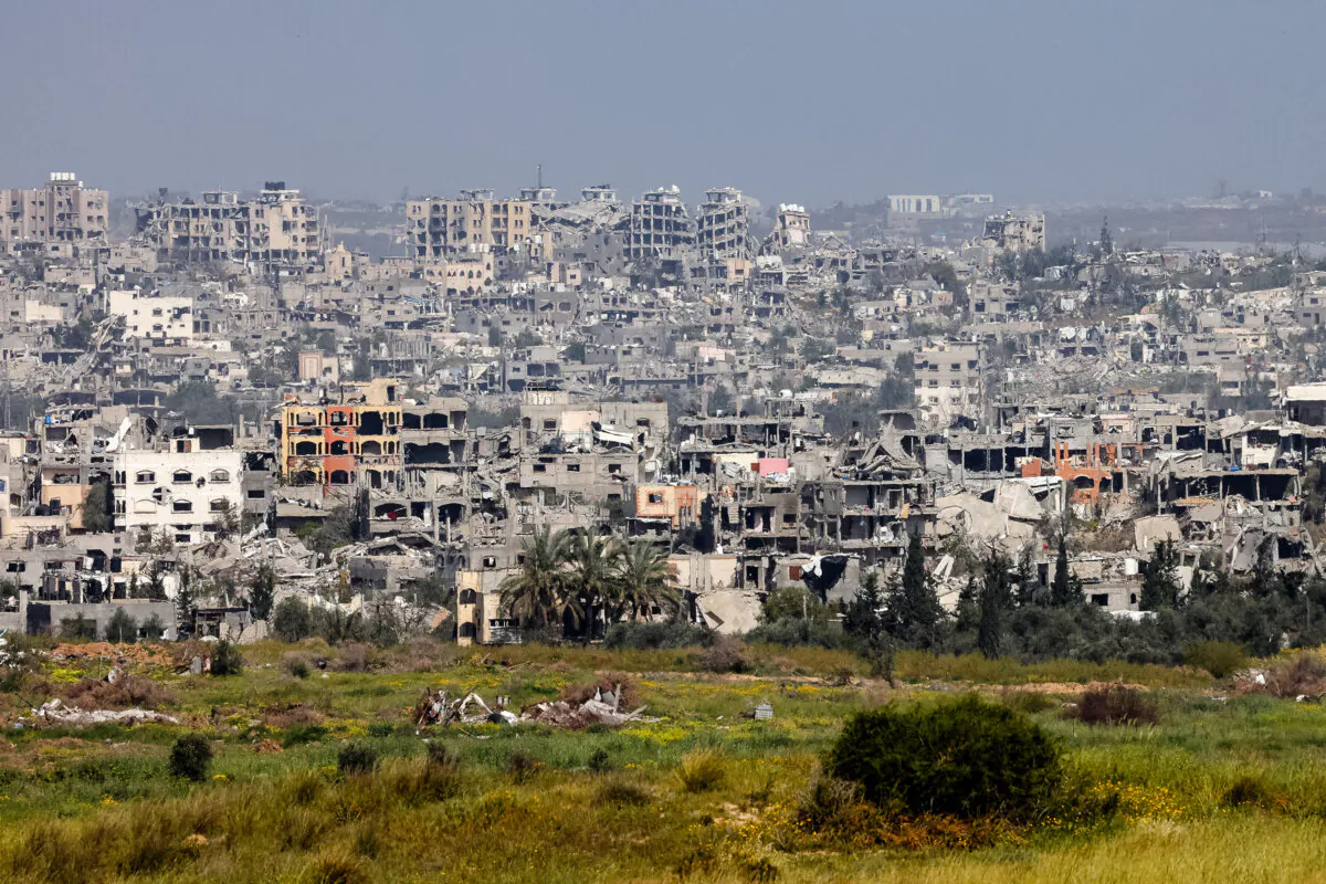 A view from Israel’s southern border with the Gaza Strip shows buildings that have been destroyed by Israeli strikes amid the ongoing battles between Israeli forces and Hamas terrorists since the Oct. 7, 2023, attack on southern Israel, in this photo taken on March 28, 2024. (Jack Guez/AFP/Getty Images)